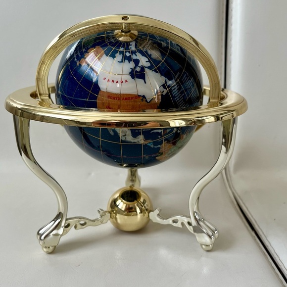 Gemstones In Lapis Lazuli Globe With Campass 9 Inch Tall - Picture 1 of 10